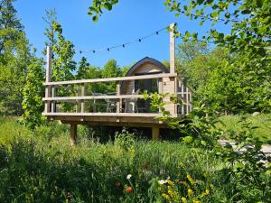 a wooden play house in a field of grass at Tiny House De Piiptsjilling in Westergeest