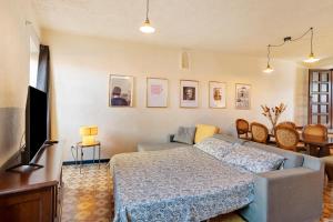 a bedroom with a bed and a couch and a tv at La Matrice in Garlenda