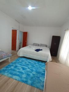 a bedroom with a bed and a blue rug at Hotel Maipú in Maipú