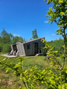 a black clad house with two benches in a field at Tiny house De Wylp in Westergeest