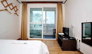 a bedroom with a bed and a television and a window at Hotel Mallipo in Taean