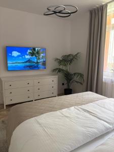 a bedroom with a bed and a dresser with a tv at LUX 3 bedroom apartman in Trenčín