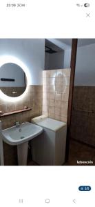 a bathroom with a sink and a toilet and a mirror at Gîte bis in Usson-en-Forez