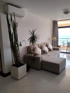 a living room with a couch and some plants at Edifício Panorâmico - Falésia de Sesimbra in Sesimbra