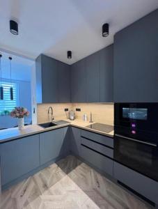 a kitchen with black cabinets and a sink at LUX 3 bedroom apartman in Trenčín