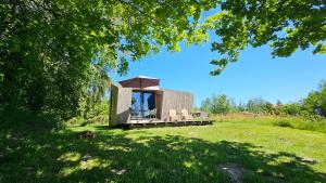 a small house with an umbrella on a grass field at Tiny house De Ljip in Westergeest