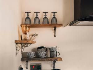 a group of glass vases on wooden shelves on a wall at The Green One On The End in Thurton +6 photos