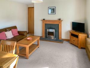 a living room with a couch and a fireplace at 1 Lonsdale House in Keswick