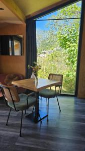 a table and chairs in a room with a large window at Tiny House De Skries in Westergeest +10 photos