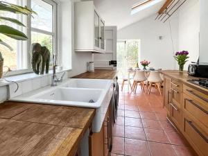 a kitchen with a large white sink and an elephant in the window at Gara Mill Cottage in Kingsbridge