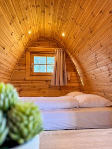 a bed in a wooden room with a window at UCamp Kemmelberg in Heuvelland