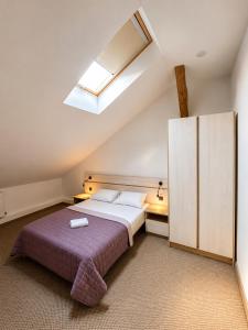 a bedroom with a large bed and a skylight at Віенер in Stryi