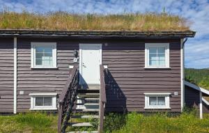 a house with a grass roof with a white door at Gorgeous Apartment In Drangedal in Drangedal +5 photos