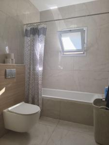 a bathroom with a toilet and a tub and a window at private house near Jerusalem in Beit Shemesh +20 photos