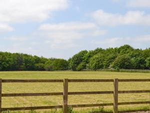 a fence in a field with a horse in the distance at Meadow View - Iom in Brandesburton