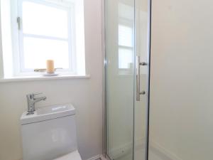 a bathroom with a toilet and a sink and a window at The Old Dairy in Warminster