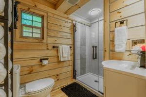 a bathroom with a toilet and a shower and a sink at Peaceful Luxury in the Smokey Mountains w Hot Tub and Pet Friendly Cabin B in Elizabethton +61 photos