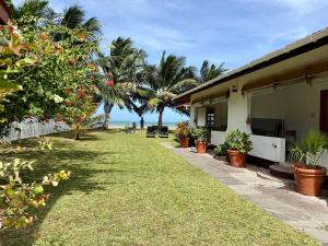 a yard of a house with palm trees and the ocean at Beach Villa Guesthouse in Grand Anse