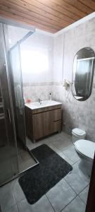 a bathroom with a shower and a sink and a toilet at Ilhéus à vista in Feteira +21 photos