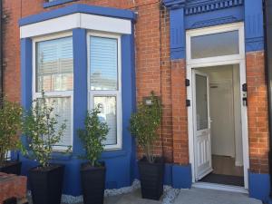 a blue house with potted plants in front of it at The Blue House in Portsmouth