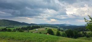 a view of a green field with mountains in the background at Macanovic Country House in Glibaći