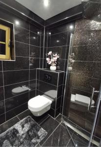a black tiled bathroom with a toilet and a shower at Ferienwohnung Liliana in Dannenfels