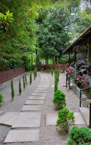 a walkway in a garden with trees and plants at Mountain Cottages Coorg in Madikeri