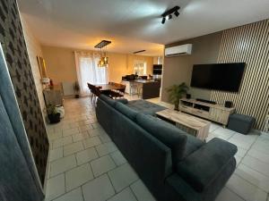 a living room with a couch and a tv at La Parenthèse de Quantilly in Quantilly