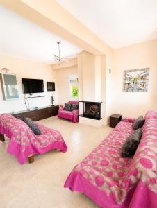 a large room with two beds and a fireplace at Angela's House in Nea Plagia
