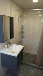 a bathroom with a sink and a shower at Lilac Orbeti - Cool Climate Country House Near Tbilisi in Pantiani +19 photos