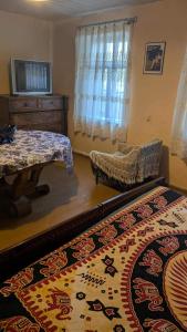 a living room with a bed and a rug at Lilac Orbeti - Cool Climate Country House Near Tbilisi in Pantiani
