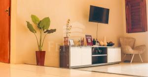 a living room with a tv and a cabinet with a plant at Varanda Atlantica Casa Camocim enfrente a praia in Camocim