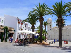 a street with palm trees and people sitting at tables at Apartamentos Surya Home Suites in Conil de la Frontera