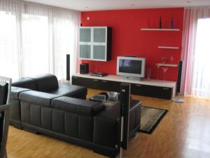 a living room with a couch and a television at Ferienhaus Stemer Montafon in Schruns