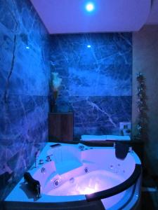 a bathroom with a tub in a blue room at Appartamento piano terra con Idromassaggio Parco Dora-Daniele's House in Turin
