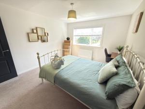 a bedroom with a bed with blue sheets and a window at Erskine Apartment in Erskine
