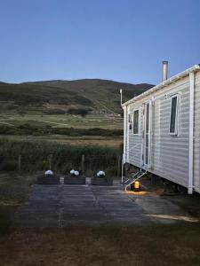 a house with a porch and some plants next to it at Dotties Den at Sunnysands in Llanddwywe
