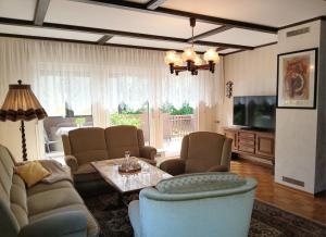 a living room with couches and a table and a tv at FeWo Waldblick in Salzhemmendorf