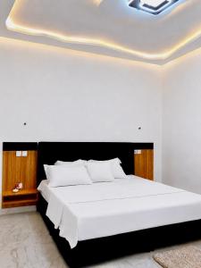 a bedroom with a large white bed with a ceiling at Le confort dans la simplicité in Lomé