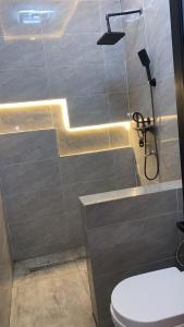a bathroom with a shower with a toilet and a sink at Le confort dans la simplicité in Lomé