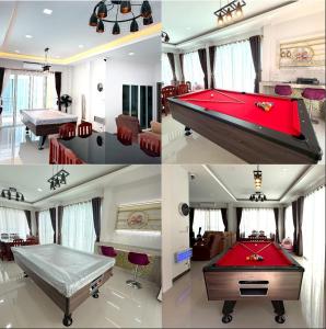 a collage of four pictures of a room with a pool table at My friend private pool villa in Samut Songkhram +16 photos