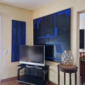 a television on a stand in a room with paintings at Chez raymonde in Teyran