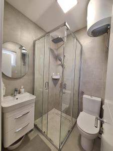 a bathroom with a shower and a toilet and a sink at Savo Apartments in Tivat