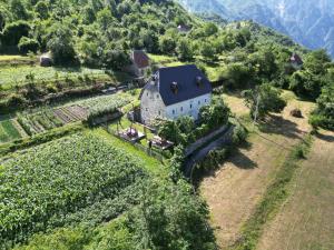 an aerial view of a farm house on a hill at Marash Rrgalla Guesthouse in Theth