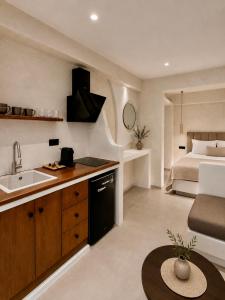 a kitchen with a sink and a bed in a room at Ethos Suites in Agios Prokopios
