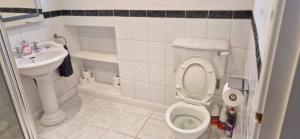 a small bathroom with a toilet and a sink at Wee Cumbrae View in Millport