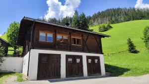 a house with two garage doors and a green hill at Ciasa Lovara in Lovara +18 photos