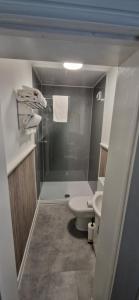 a bathroom with a shower and a toilet and a sink at Moon Tap Hideaway in Bridlington +16 photos