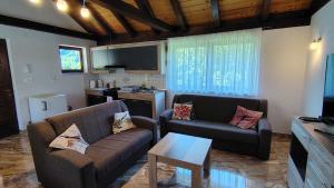 a living room with two couches and a kitchen at Holiday house Bliss in Kumrovec