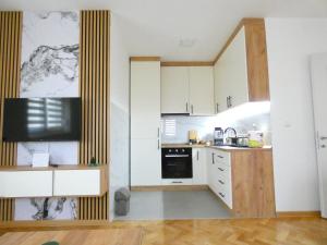 a kitchen with white cabinets and a black oven at Green Diamond in Vrnjci